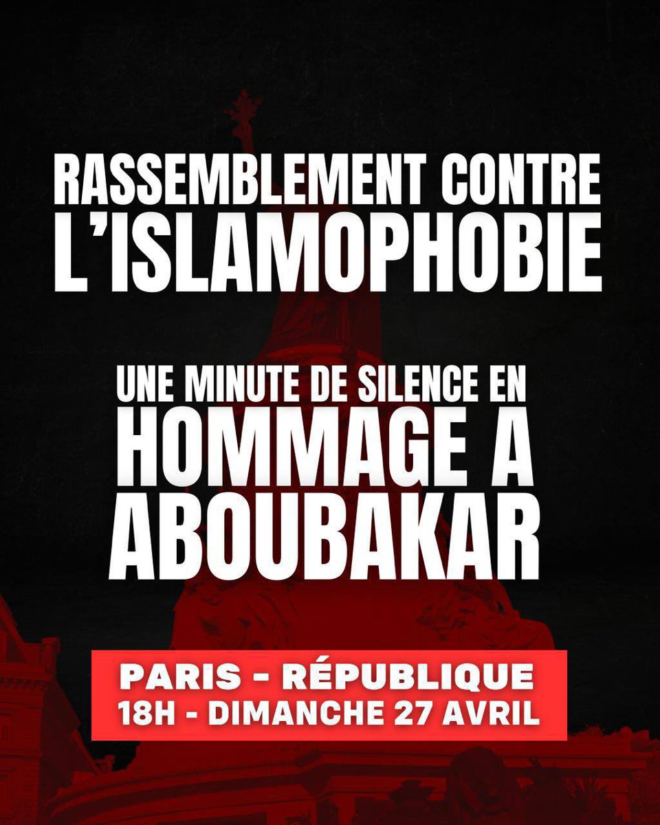 En hommage à Aboubakar , contre l’islamophobie.

Veillée silencieuse demain 18h République. 

Partagez !