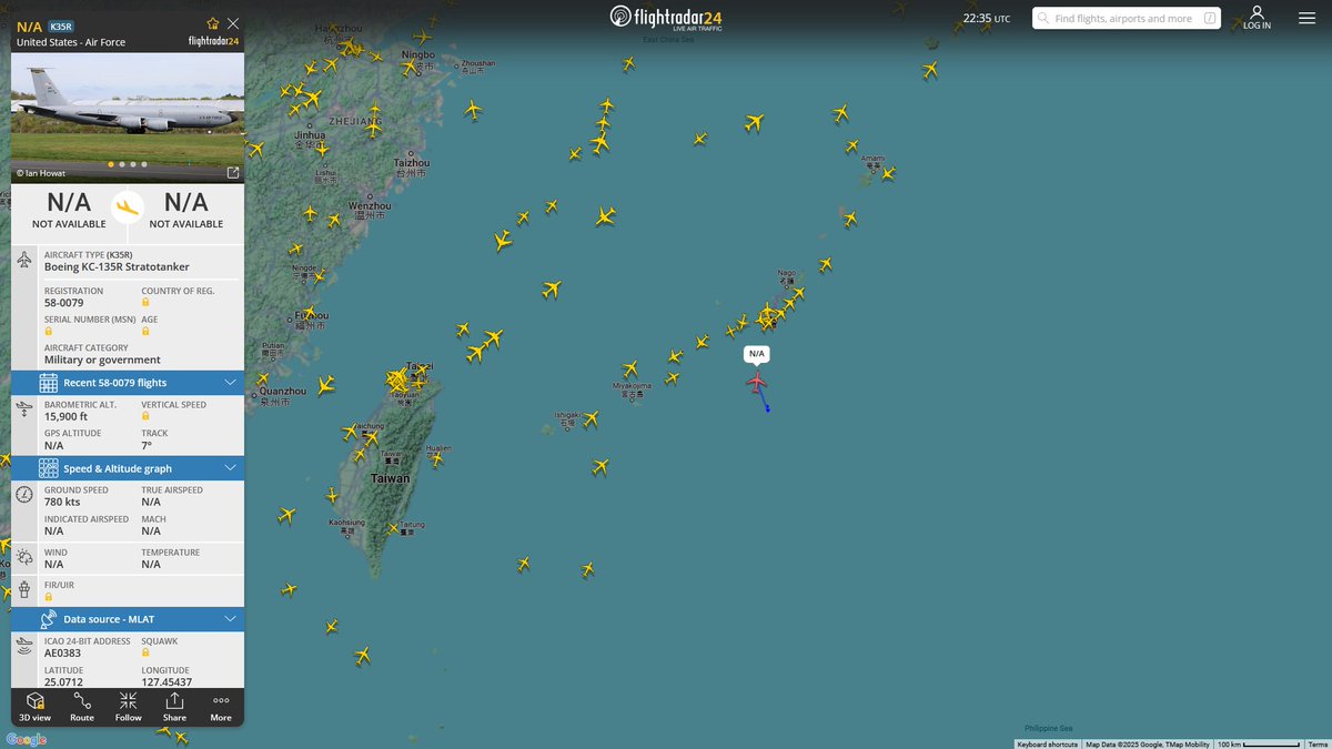 AIYeyENGDdJkjTr's tweet photo. Apr. 27, 2025
#186th Air Refueling Wing-Mississippi Air National Guard Base, Meridian #JBPHH, Honolulu #Guam Andersen Air Force Base ==> #Okinawa Kadena Air Base 

#NoCALLSIGN / #KEYS83 #AE0383 USAF KC-135R Stratotanker https://t.co/Fn269LZr94