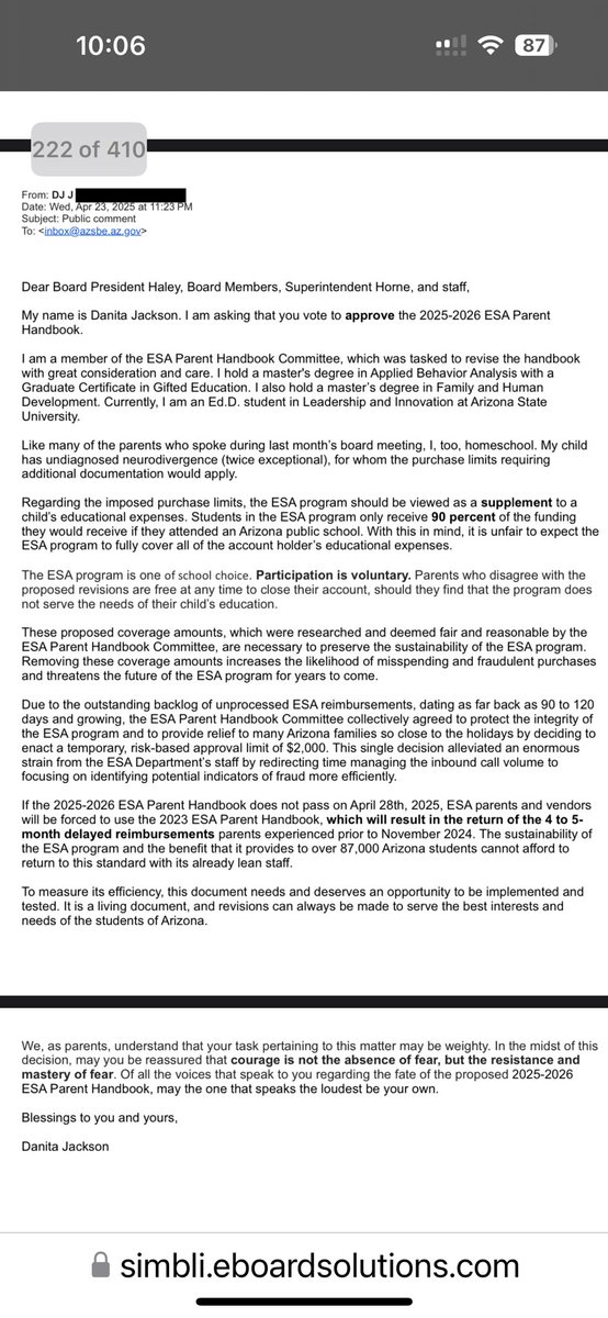 It’s a serious problem when ESA Handbook Committee members don’t even understand the law they’re writing policies for.

Danita Jackson, a member of the 2025–2026 ESA Handbook Committee, just sent this letter to the State Board asking them to approve the new handbook — while