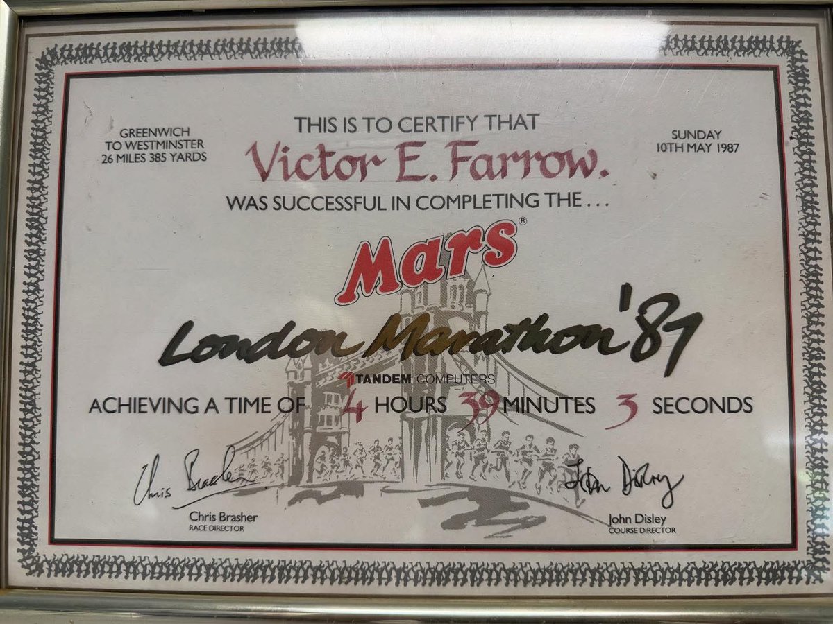 Wishing all those running the London marathon tomorrow the best of luck. Especially those linked to the club! Here is the effort of Vic Farrow back in 1987 with a time of 4hrs 39m 3s!