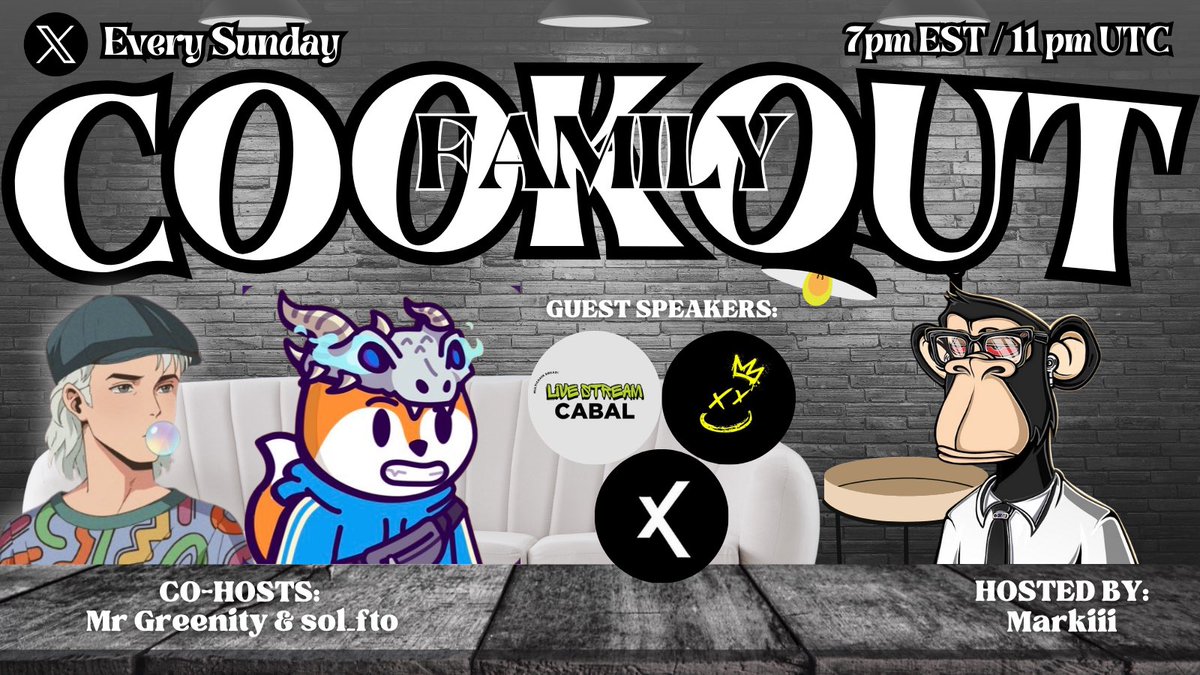 Family Cookout Ep.117 Sponsored By <a href="/Carb_Ex/">CarbEx</a> 

Come join us for the next episode where we have a cabal of streamers, a trading platform and a esports project coming up! 

You don’t want to miss out! 

See yall tomorrow,

Space link below 👇