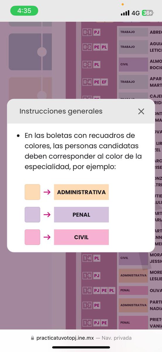 _OasisLiterario's tweet photo. @C_Humphrey_J en la página del INE, en el simulador, en la boleta de Magistrados de Circuito sale un mensaje que indica que el color para materia penal es morado y ya en la imagen dice que es color rosa. Me ayudaría a resolver esa duda, qué color es el correcto? Gracias 😀 https://t.co/wsMr5qVMGv