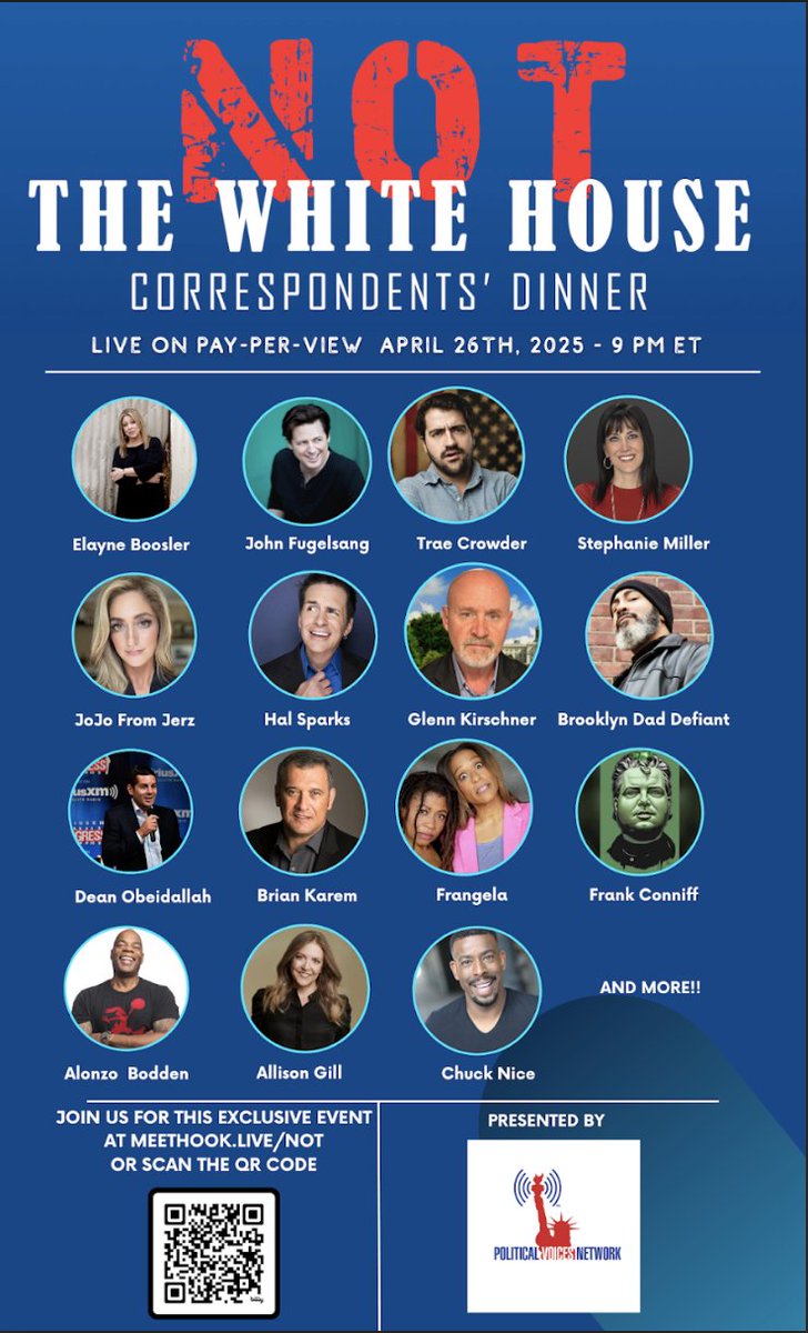 BrianKarem's tweet photo. I can’t wait for Not The White House Correspondents’ Dinner (Sat, Apr 26 @ 9 PM ET), presented by Political Voices Network! Join us for fearless comedy that rips into media spin. Tickets are $20.26, live or on demand, at https://t.co/LPSwLoHrLC. #FreeSpeech #NotTheWHCD https://t.co/WolKZxRO3e