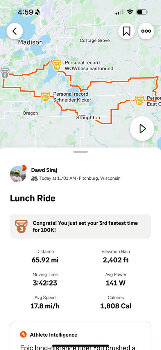dawdssiraj's tweet photo. At 66 miles(over 100km), this was the longest ride I had for 2025. A windy day but riding with a group helps a lot! The speed was 17.8miles/hr average &amp; took us 3hrs and 42 min. Getting ready for a few 100 miles this year. Trek 100, @DCCenturyRide and the Badgers challenge https://t.co/hQvYJi0j01