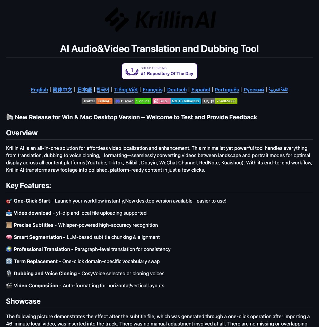D4Vinci1's tweet image. KrillinAI
Transform your videos into polished, platform-ready content in just a few clicks! Introducing Krillin AI, an all-in-one solution for effortless video localization and enhancement. #AI #VideoLocalization