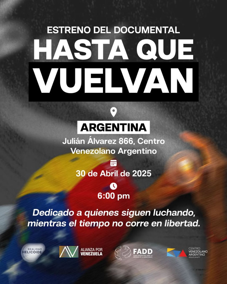 🎬 ESTRENO DEL DOCUMENTAL: HASTA QUE VUELVAN

Te esperamos en:

📍 Julián Álvarez 866
🗓 Miércoles, 30 de abril
⏰ 6:00 p.m.

Tras la proyección, se realizará un foro con expertos y defensores de derechos humanos, moderado por <a href="/carola_amoroso/">Carolina Amoroso</a>

Regístrate:

docs.google.com/forms/d/e/1FAI…