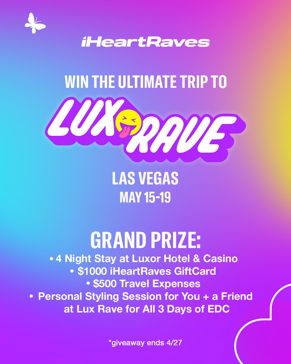 🩷💜 GIVEAWAY ALERT 💜🩷⁠
enter to win a 4-night stay at the Luxor Hotel &amp; Casino, a $1000 iHeartRaves gift card, $500 in travel expenses, and more! 🫧🦋⁠⁠✨⁠
⁠
HOW TO ENTER:⁠
🌀 follow <a href="/iheartraving/">iHeartRaves</a>
🌀 enter: bit.ly/421JC8E 
🌀 closes on 4/27⁠