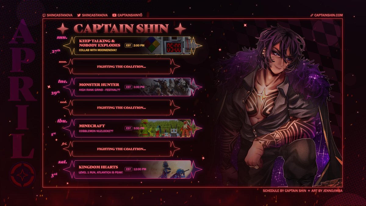 ShinCastanova's tweet photo. ♦️ Here's our WEEKLY SCHEDULE rebels! ♦️

Got some hella fun streams planned for this week, including a VERY special COLLAB with the one and only @MoonieNova! 🌙

Drop by and say hello! Don't let your captain get too lonely now~ https://t.co/LI8qiS2Ahq