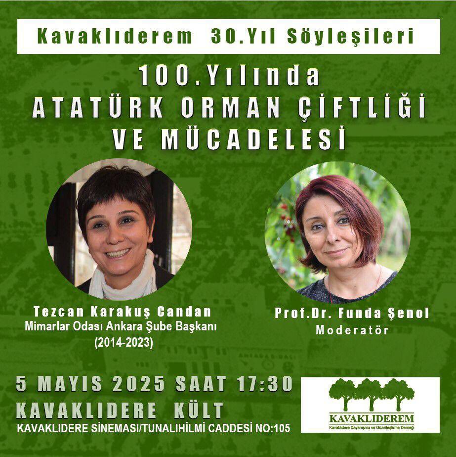 Atatürk Orman Çiftliği’nin kuruluşunun 100.yılında Cumhuriyet’in devrimci projesi Atatürk Orman Çiftliği ve Atatürk’ün emanetinin korunmasını, Atatürk Orman Çiftliği mücadelesini konuşuyoruz.

 Atatürk Orman Çiftliği’nin 100. Kuruluş yıldönümü olan 5 Mayıs’ta saat 17:30’da