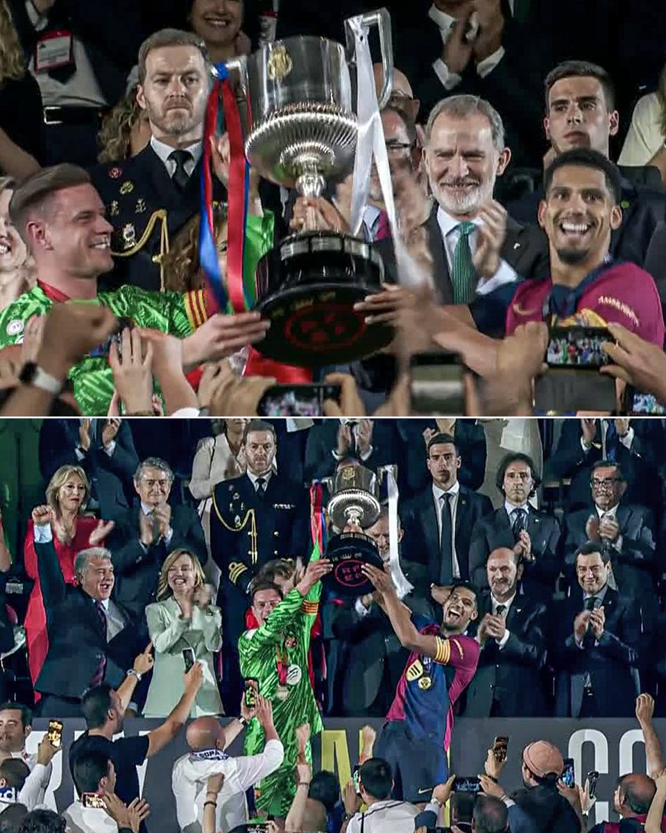 ESPNFC's tweet photo. TER STEGEN AND ARAUJO LIFT THE COPA DEL REY TROPHY FOR BARCELONA 🔥🔥 https://t.co/toVzehMQ4T