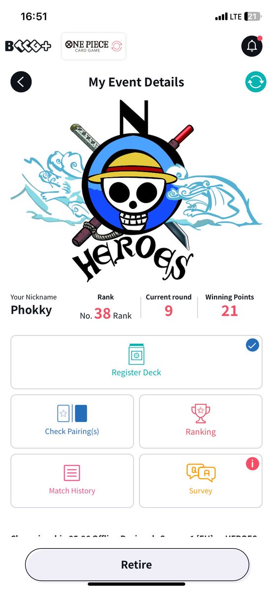 T64 at NoHEROES Off. Regio in Mülheim with Pluffy
1. Doflamingo 🎲 (W)
2. Shanks 🎲 (L)
3. Shanks 🎲 (W)
4. Y Kid 🎲 (W)
5. Shanks (W)
6. Bonney 🎲 (L)
7. Y Kid (W)
8. Doflamingo 🎲 (W)
9. Y Kid (W)
<a href="/RoyalBlue_GG/">RoyalBlue</a>