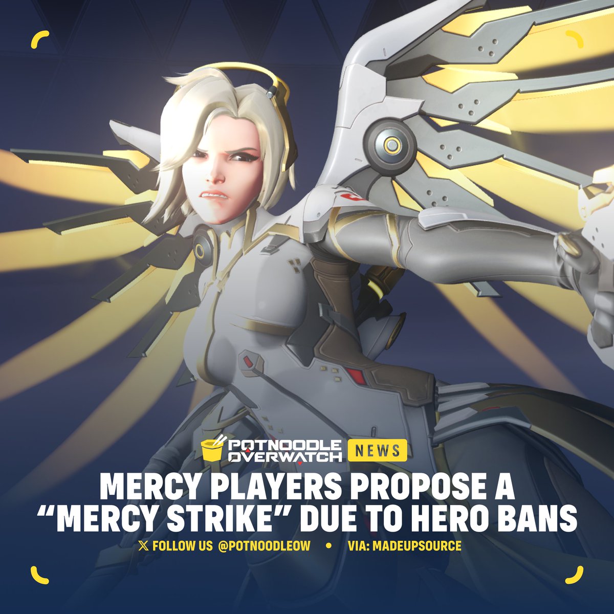 PotNoodleOW's tweet photo. Mercy players in #Overwatch are proposing a possible "Mercy Strike" where Mercy players will refuse to play Mercy and instead swap to other supports 🚫🪽

This comes in light of the recent sleuth of Mercy bans with the new Hero Ban system introducing in Season 16 😡 https://t.co/9HNRBXMnKe