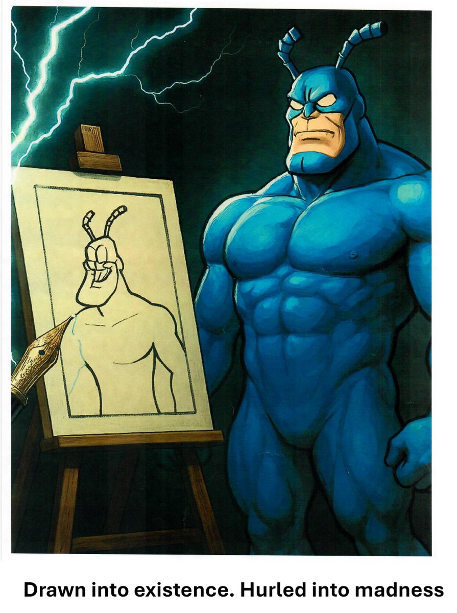 vsndesigns's tweet photo. What if The Tick tumbled through a multiversal easel.
"The Tick: Beyond the Easel" a fan-driven, registered tribute screenplay by Vic and Rhonda Noda. Thank you, @ben_edlund , for creating a world worth fighting (and spooning) for. 
#TheTick #FanTribute #MultiverseMadness #Spoon https://t.co/wgsxeCkziD