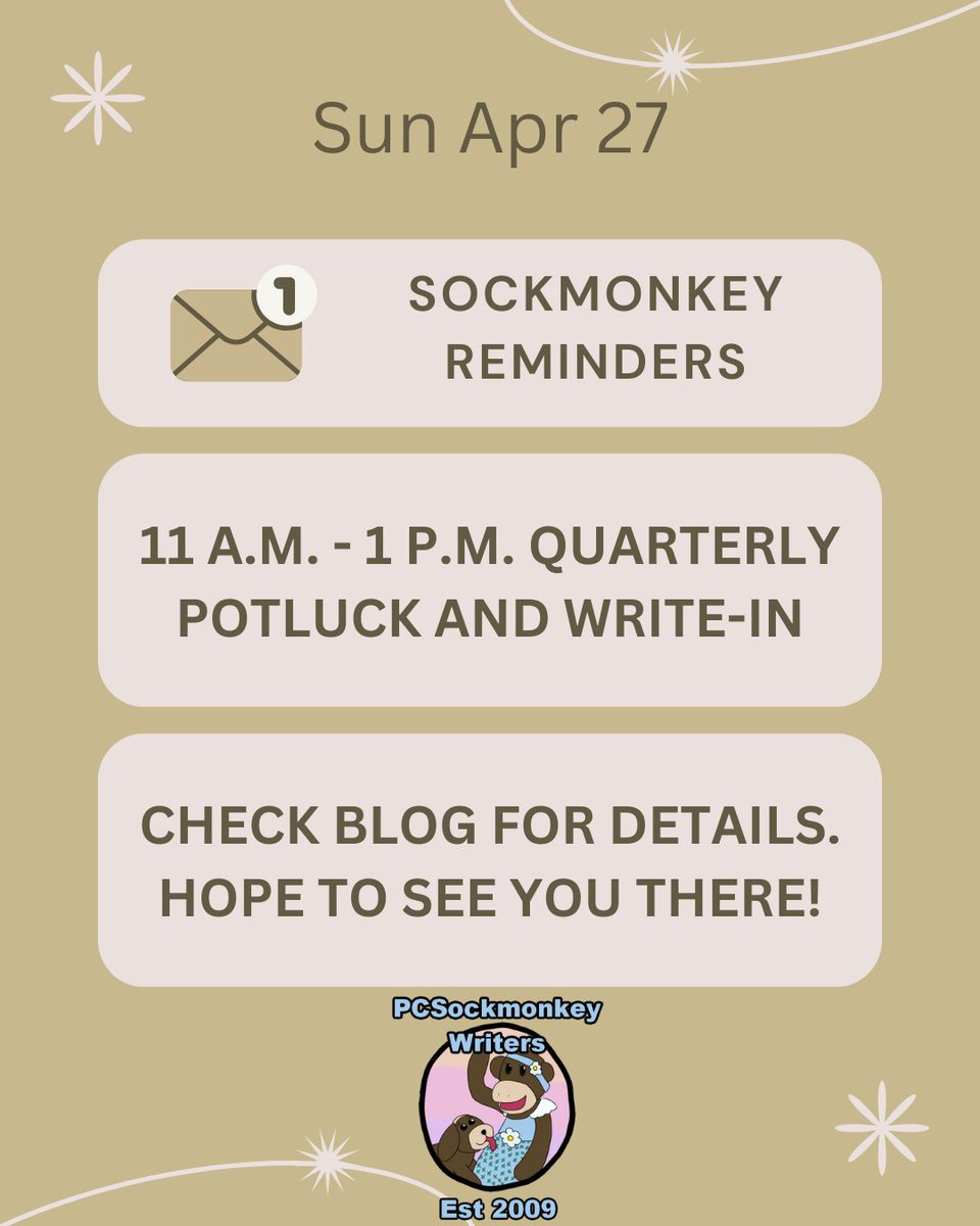 PCWriter2's tweet image. Hi Sockmonkey Writers!
Here is your friendly reminder about our event tomorrow, Sunday, April 27th, 2025.

It's our 2nd Quarterly Potluck &amp;amp; Write-In of the year from 11 a.m. - 1 p.m. in Parkland/Spanaway. Details &amp;amp; sign-up links on our regional blog. Hope to see you then!
