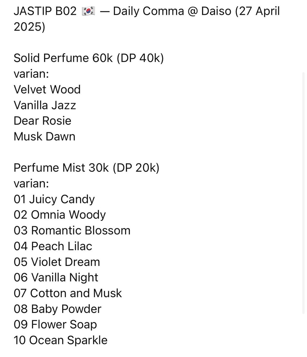 [PO] WTS HC HANDCARRY KR KOREA 🇰🇷

Daily Comma Perfume

Solid Perfume 4.7gr — 60k (DP 40k)
Perfume Mist 15ml — 30k (DP 20k)

🇮🇩 READY INA 12 Mei 2025
📍 Pengiriman dari Jakarta Barat
✅ GO LINE (langsung join link di pinned tweet)
✅ Request barang lain > DM