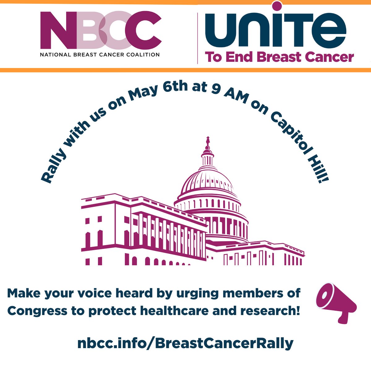 Unite to end breast cancer and RALLY with us on #LobbyDay after the #NBCCSummit! We're loud and clear that breast cancer research and healthcare must remain a top priority for Congress and this administration! #NBCContheHill nbcc.info/BreastCancerRa…