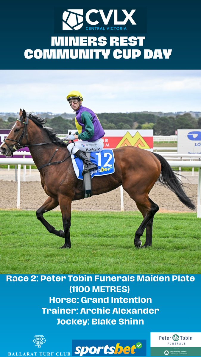 Sportsbet-Ballarat (@ballturfclub) on Twitter photo Race 2: Peter Tobin Funerals Maiden Plate (1100 METRES)
Horse: Grand Intention
Trainer: <a href="/archi3alexander/">Alexander Racing</a>
Jockey: <a href="/blake_shinn/">Blake Shinn</a> Race 2: Peter Tobin Funerals Maiden Plate (1100 METRES)
Horse: Grand Intention
Trainer: <a href="/archi3alexander/">Alexander Racing</a>
Jockey: <a href="/blake_shinn/">Blake Shinn</a>
