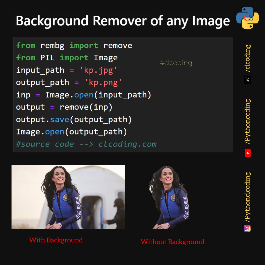 clcoding's tweet image. Remove Image Background using Python
1st step: pip install rembg