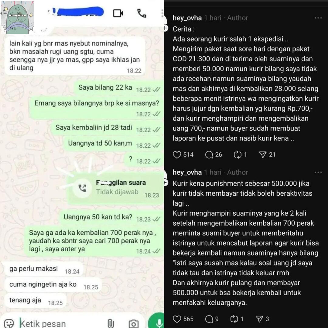 💚 perkara uang 700 rupiah, kurir jadi harys bayar 500k biar bisa kerja lagi 🥺

Suaminya takut sama istri, si istri bilang gpp tapi malah laporin kurir ke pusat.