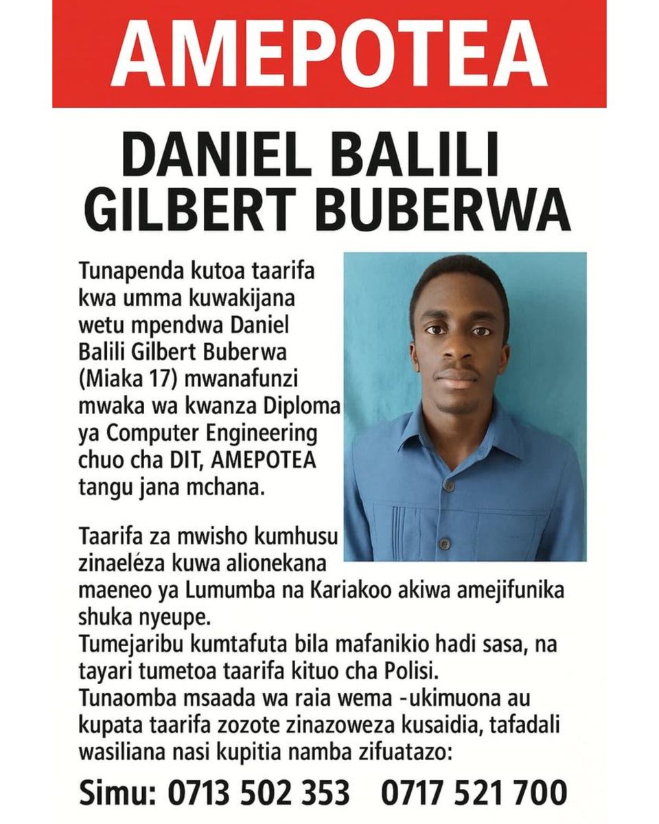 Rydx_017's tweet photo. Amepotea!

Amepotea!

Amepotea!

Familia imetangaza kutoa zawadi kwa yoyote atakaye toa taarifa zitakazosaidia kupatikana kwake

Sambaza hii ifike Mbali 🙏

Soma taarifa ya familia

Screenshot kwa Comments 👇 https://t.co/IUMGWqHiiA