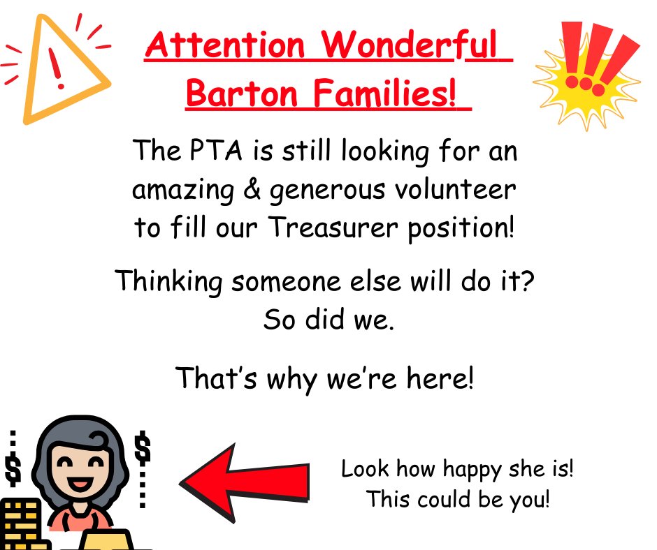 Clara Barton PTA (@clara_bartonpta) on Twitter photo Interested in joining the PTA? We are looking to fill the treasurer position ;) come on, we know you want to! Please email us at ptaclarabartonelemen@gmail.com Interested in joining the PTA? We are looking to fill the treasurer position ;) come on, we know you want to! Please email us at ptaclarabartonelemen@gmail.com