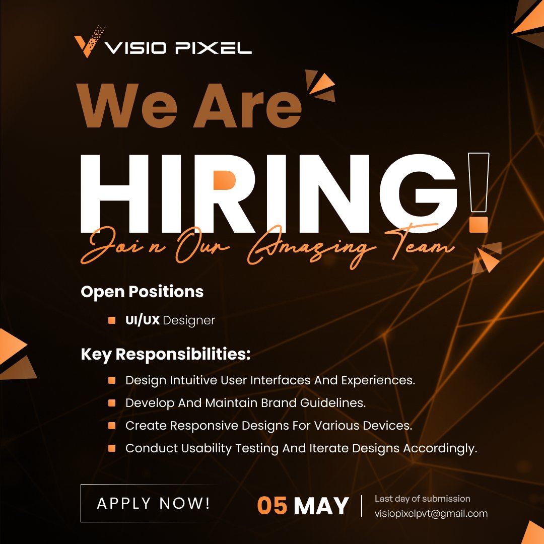 visio_pixel's tweet photo. We are hiring a UI/UX Designer!
who can turn ideas into stunning digital experiences.

Join Visio Pixel and shape the digital future.

Apply by 05 May at visiopixelpvt@gmail.com.

https://t.co/v32EZH0uTl
#Hiring #UIUXDesigner #VisioPixel #DesignCareer #CreativeHiring #UIUXDesign https://t.co/vagGAnNiL1