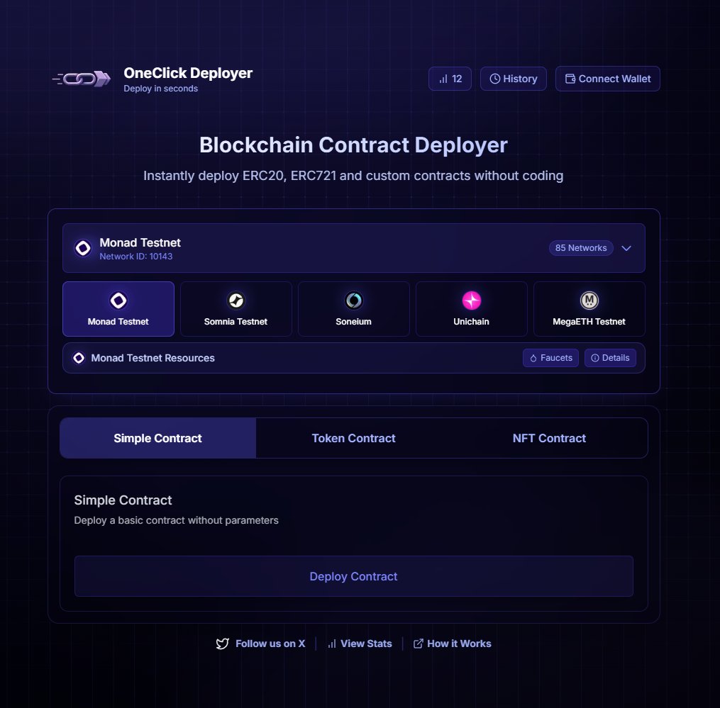 1ClickDeployer's tweet photo. 🚀 We're live!  

OneClick Deployer: Fast, one-click deployment on 85+ networks. User-friendly, flexible, scalable.

 Try now! 👉 https://t.co/sOUiItUL3s

@monad_xyz @SeismicSys @Somnia_Network @Vanarchain @unichain @base @soneium @megaeth https://t.co/cBeR0Mycwy