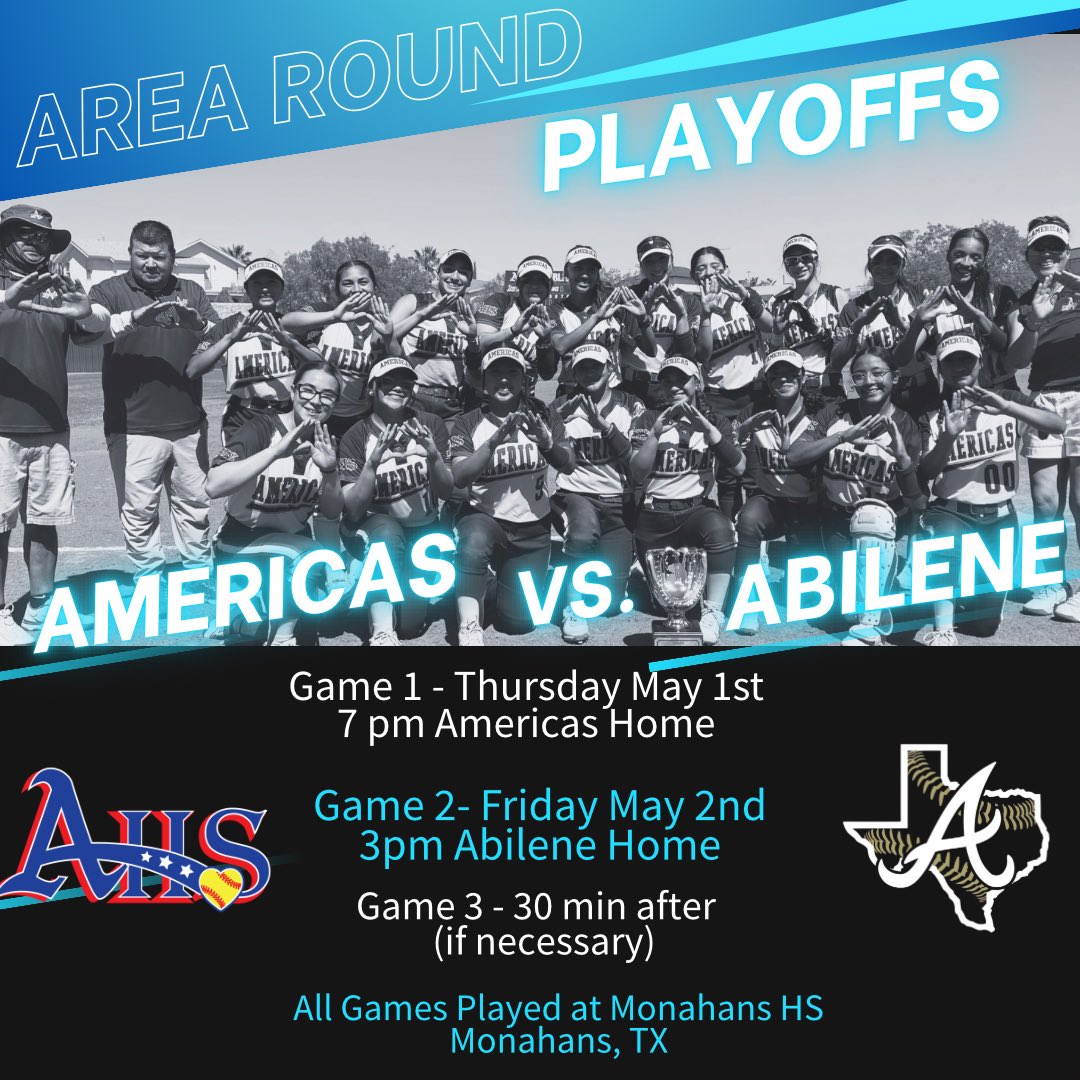 ‼️Round 2️⃣ Texas 5A Division I Playoffs‼️

Area Round of playoffs

Location: Monahans HS 
Monahans , TX
Thursday 7pm AHS Home CST
Friday 3pm AHS vistors CST
Game 3 played 30 min after
Flip for home at the plate
WIN or GO HOME

#ALLHEARTALLOUTALWAYS
 #1Team1Goal
 <a href="/Americas_HS/">Nancy Torres</a>