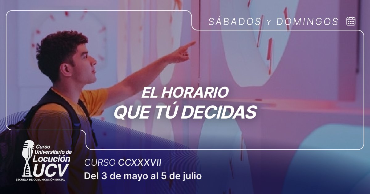 Tú eliges: puedes inscribirte en nuestro curso de sábados y domingos de 8 am a 1 pm o de lunes a viernes de 5 pm a 8 pm para convertirte en un profesional de la voz y obtener tu certificado de locución. Ingresa ya en locucionucv.com ✔️