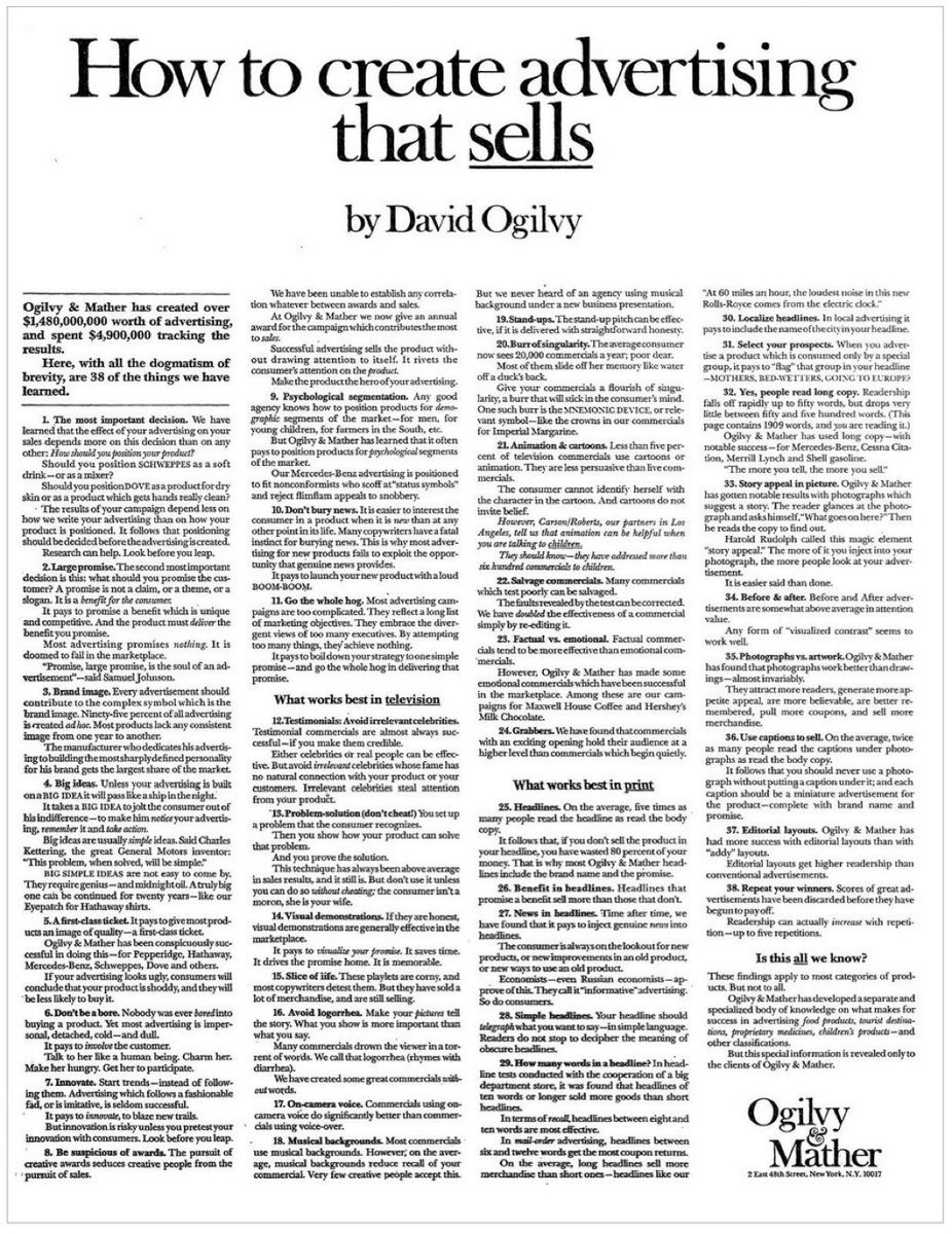 Worth zooming to read if you’re into ads.
How to create advertising that sells
by David Ogilvy, one of the best in advertising.
Ogilvy &amp; Mather has created over $1,480,000,000 worth of advertising