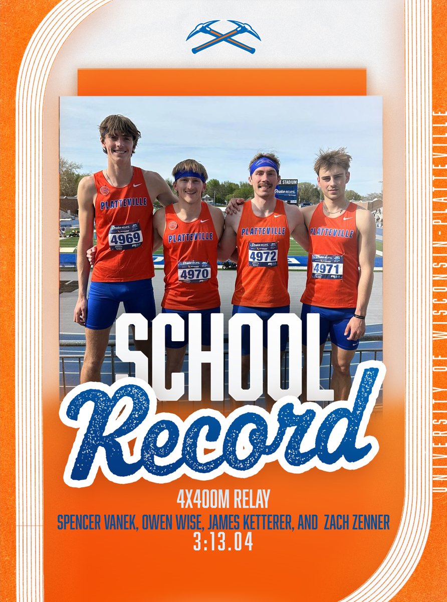 uwp_pioneers's tweet image. 🚨 SCHOOL RECORD!!! 🚨
Vanek➡️Wise➡️Ketterer➡️Zenner
The men's 4x400m relay team set a new @UWPlattTrackXC on Friday at the Drake Relays! The quartet ran a time of 3:13.04, which broke the previous record of 3:13.27 set back in 2016.
#uwp #uwplatteville #platteville