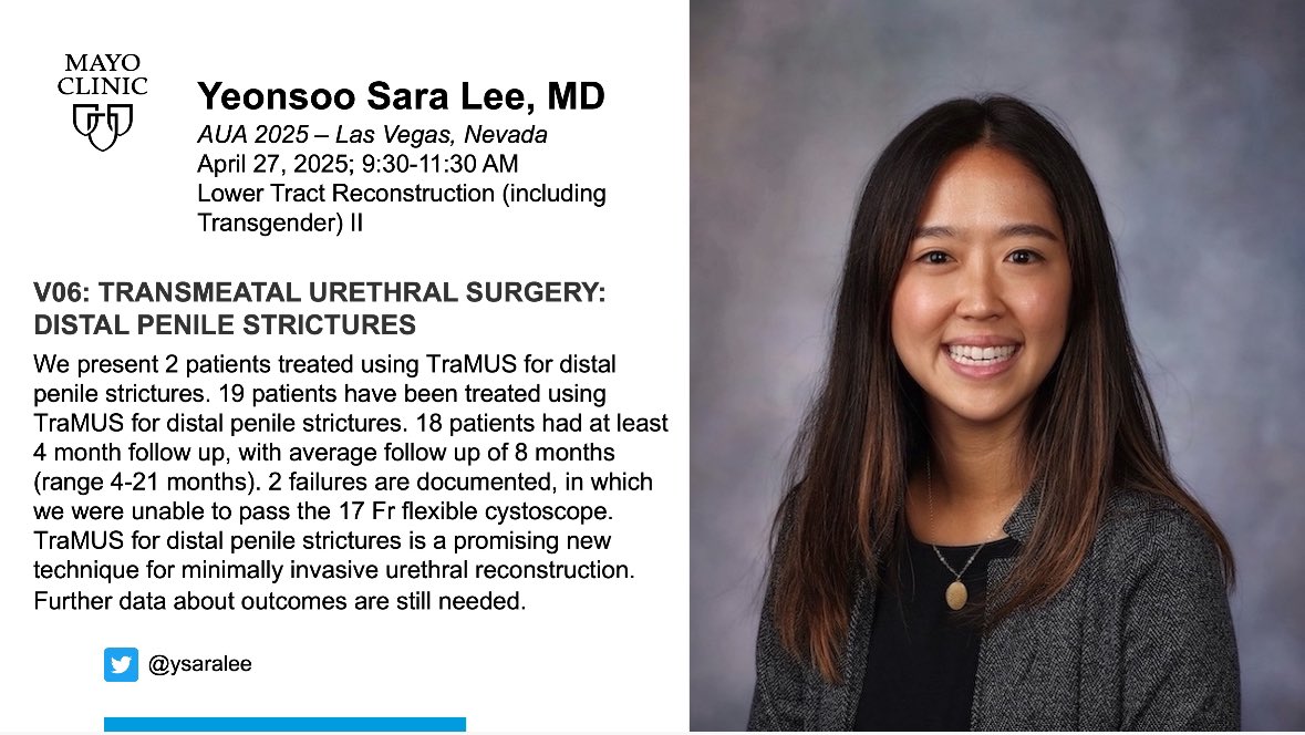 Mayo Clinic FL Urology Residency (@mayofl_urolres) on Twitter photo Catch PGY1 Dr. <a href="/ysaralee/">Yeonsoo Sara Lee, MD</a>’s presentation of “Transmeatal urethral surgery: distal penile strictures” at 9:30 AM in Venetian H tomorrow (4/27) #AUA25 <a href="/AmerUrological/">Amer. Urol. Assn.</a>!
She will be presenting on behalf of <a href="/olive_liz/">Liz Olive, MD</a> as part of a <a href="/MayoUrology/">Mayo Clinic Urology</a> series with senior author <a href="/drjnwarner/">Jonathan Warner</a>. Catch PGY1 Dr. <a href="/ysaralee/">Yeonsoo Sara Lee, MD</a>’s presentation of “Transmeatal urethral surgery: distal penile strictures” at 9:30 AM in Venetian H tomorrow (4/27) #AUA25 <a href="/AmerUrological/">Amer. Urol. Assn.</a>!
She will be presenting on behalf of <a href="/olive_liz/">Liz Olive, MD</a> as part of a <a href="/MayoUrology/">Mayo Clinic Urology</a> series with senior author <a href="/drjnwarner/">Jonathan Warner</a>.
