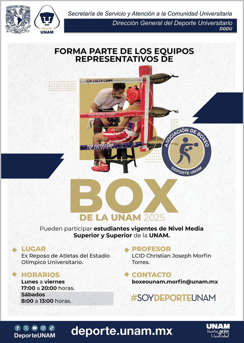 FMVZ UNAM (@fmvzunam) on Twitter photo #ComunidadUNAM | Te invitamos a formar parte de los equipos representativos de #Box. 🥊
Informes 👉 boxeounam.morfin@unam.mx #ComunidadUNAM | Te invitamos a formar parte de los equipos representativos de #Box. 🥊
Informes 👉 boxeounam.morfin@unam.mx