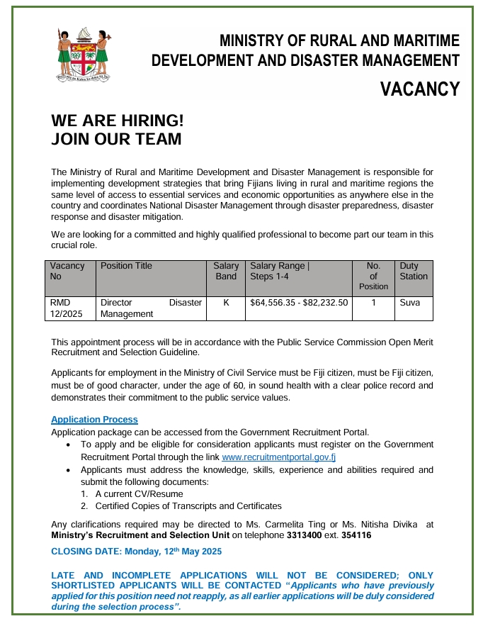 Ministry of Rural and Maritime Development and DM (@mrmdfiji) on Twitter photo 📢WE ARE HIRING‼️
✅Passionate about making a difference in the disaster management space in Fiji❓
JOIN OUR TEAM NOW‼️
The <a href="/MRMDFiji/">Ministry of Rural and Maritime Development and DM</a> is looking for a committed & highly qualified professional to become part our team as <a href="/FijiNDRMO/">Fiji NDRMO</a> Director
✅See 👇for more details: 📢WE ARE HIRING‼️
✅Passionate about making a difference in the disaster management space in Fiji❓
JOIN OUR TEAM NOW‼️
The <a href="/MRMDFiji/">Ministry of Rural and Maritime Development and DM</a> is looking for a committed & highly qualified professional to become part our team as <a href="/FijiNDRMO/">Fiji NDRMO</a> Director
✅See 👇for more details: