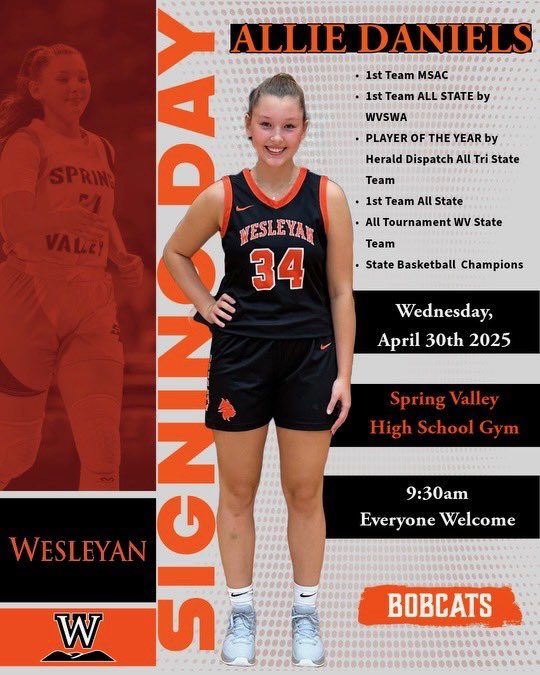 Spring Valley Athletic Boosters (@athleticspring) on Twitter photo Allie Daniels, a 2025 SVHS Varsity Basketball player and WV State Champion, will commit to WV Wesleyan College Basketball on April 30th at 9:30 AM in the Spring Valley High School Gym. ๐๐งก๐ค#TimberwolfPride Everyone Welcome to Attend! <a href="/svhs_ladywolves/">SVHS Lady Wolves Basketball</a> <a href="/alliedaniels_34/">Allie Daniels</a> <a href="/WVWCWBB/">WVWC Women's Basketball</a> Allie Daniels, a 2025 SVHS Varsity Basketball player and WV State Champion, will commit to WV Wesleyan College Basketball on April 30th at 9:30 AM in the Spring Valley High School Gym. ๐๐งก๐ค#TimberwolfPride Everyone Welcome to Attend! <a href="/svhs_ladywolves/">SVHS Lady Wolves Basketball</a> <a href="/alliedaniels_34/">Allie Daniels</a> <a href="/WVWCWBB/">WVWC Women's Basketball</a>