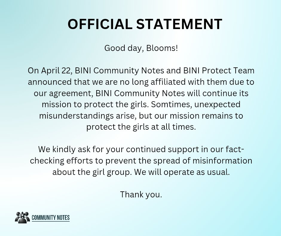 BINICOMNOTES's tweet photo. 📣 OFFICIAL STATEMENT from BINI Community Notes https://t.co/AZdYERcnuO