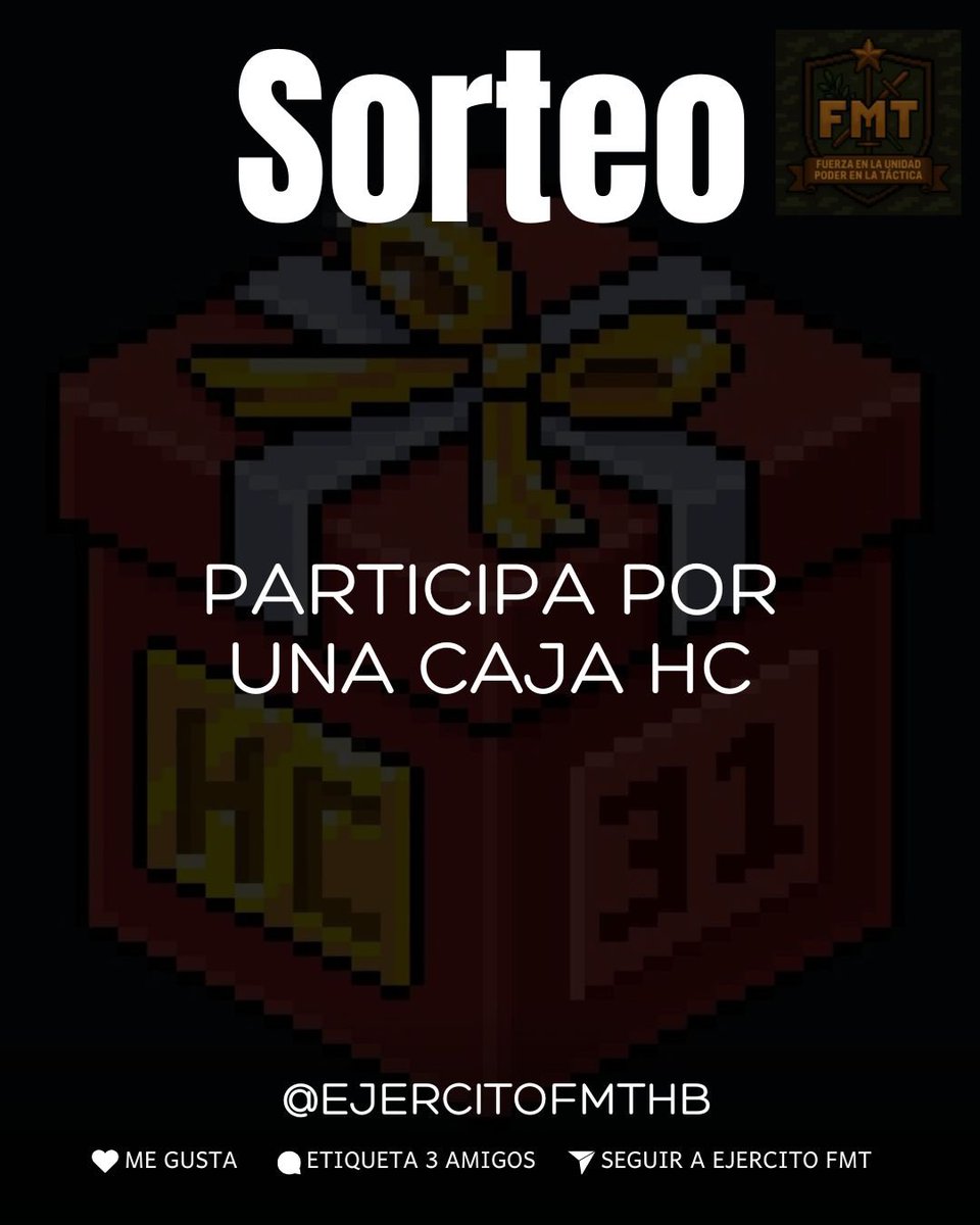 EjercitoFMThb's tweet photo. Bienvenidos a la cuenta oficial del Ejército F.M.T 
Por la apertura de nuestra cuenta de X. tenemos un sorteo: GANA CAJA HC!
PASOS A SEGUIR:
-Dar me gusta y rt a este post.
-Etiquetar 3 amig@s.
-Seguir nuestra cuenta y de @RadioboomES 
El sorteo terminará el día sábado 3 de mayo. https://t.co/hv8rIdYcgd