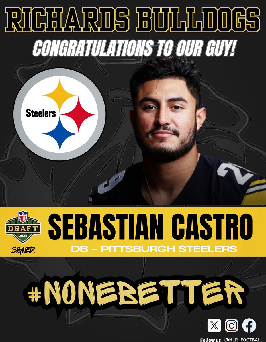 HLR_FOOTBALL's tweet photo. Castro is Pittsburgh bound!!!

Richards Football Alum Sebastian Castro @castro2x5 has signed a Free Agent deal with the @steelers 

#NFL | #steelers | #NONEBETTER | #Bulldogtough | #Proudcoaches https://t.co/5cm3PWVxHL