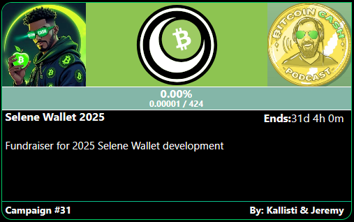 FundMeCash (@fundmecash) on Twitter photo New FundMe campaign:
Selene Wallet 2025 by <a href="/kzKallisti/">Kallisti.cash π</a> & <a href="/TheBCHPodcast/">The Bitcoin Cash Podcast</a>
fundme.cash/campaign/31 New FundMe campaign:
Selene Wallet 2025 by <a href="/kzKallisti/">Kallisti.cash π</a> & <a href="/TheBCHPodcast/">The Bitcoin Cash Podcast</a>
fundme.cash/campaign/31