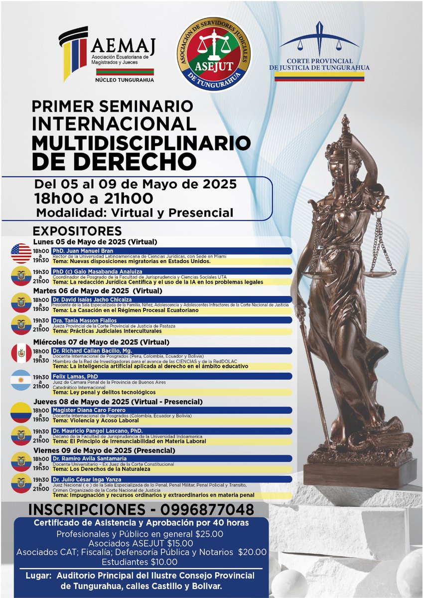 Cordialmente invitados
<a href="/CorteChimborazo/">Corte Provincial de Justicia de Chimborazo</a>
<a href="/Uniandes/">Uniandes</a>
<a href="/Uni_Indoamerica/">Universidad Indoamérica</a>
<a href="/CortePastaza/">Corte Provincial de Justicia de Pastaza</a>
<a href="/CorteNapo/">Corte Provincial de Justicia de Napo</a>
#Capacitación
#Derecho
#Tungurahua