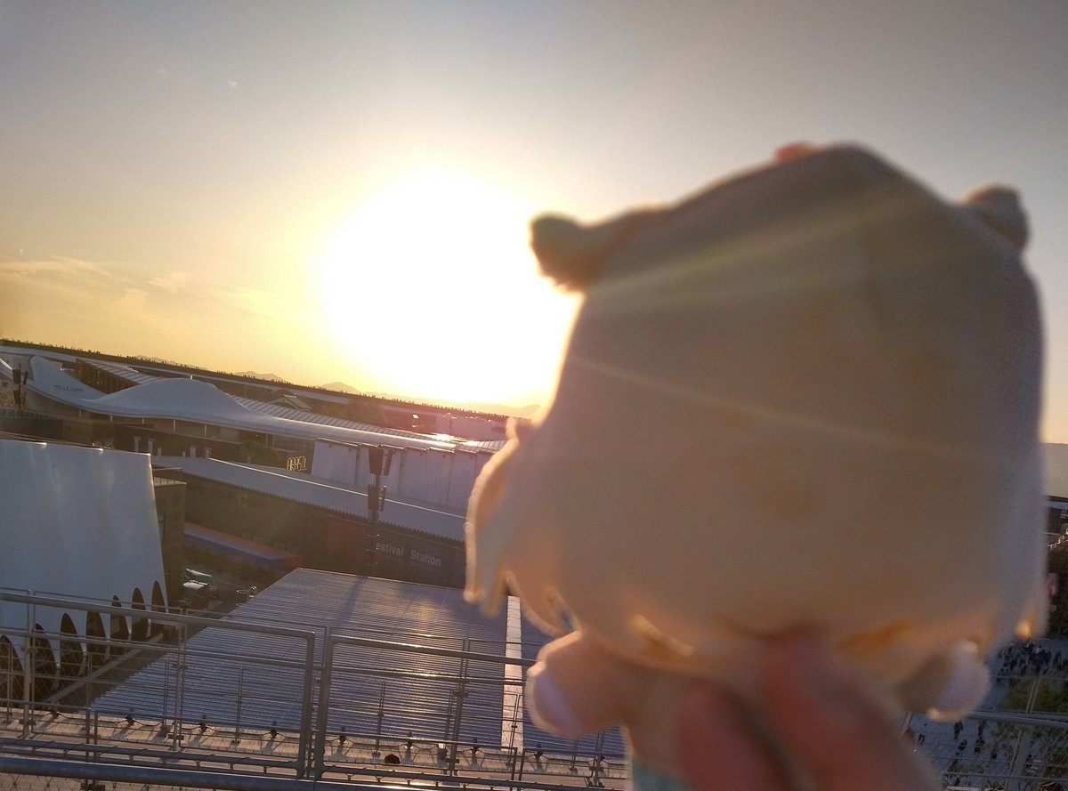 GP49006325's tweet photo. 万博の夕焼けを見送る座長。
外周リングに上がって夕焼け見てました。
いや～あの日は一日歩きました。
さすがに翌日はふくらはぎパンパンでした。
#ポルカおるか https://t.co/sxa9sArk1B