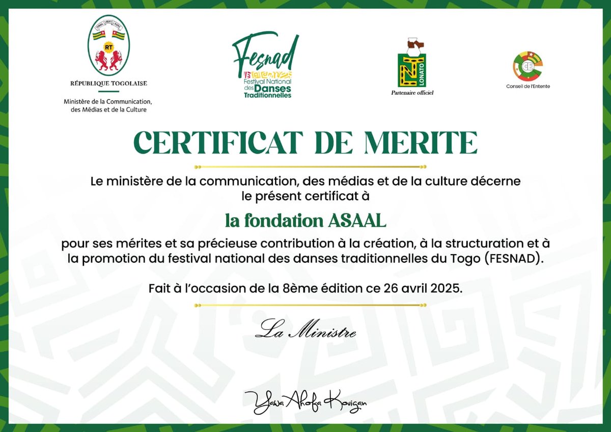 2/
Cette distinction récompense notre engagement continu pour *la création, la structuration et la promotion* du FESNAD, un événement majeur qui célèbre l'âme et la richesse de nos traditions.

Au-delà du trophée, c’est un appel à poursuivre avec passion, détermination et amour