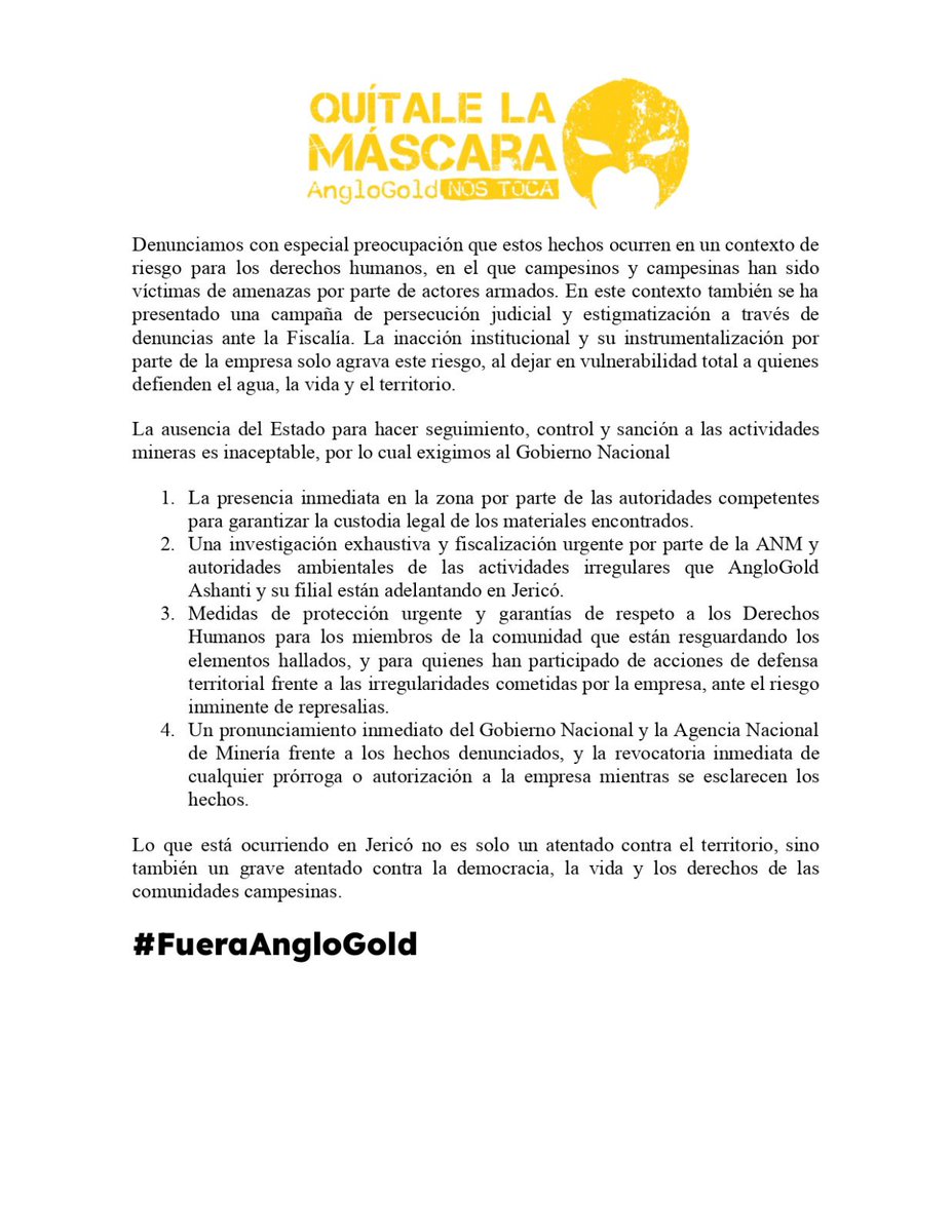 Comunicado URGENTE

#FueraAngloGold
#QuítaleLaMascara