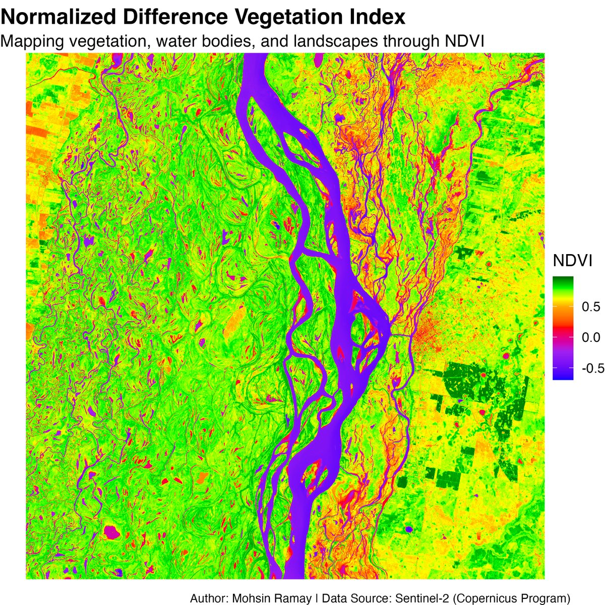 NDVI at its finest! Notice how effortlessly it reveals the Earth’s diverse features — from crop fields and flowing rivers to dry lands and dense vegetation—truly a remarkable view.
#NDVI #RemoteSensing #dataviz