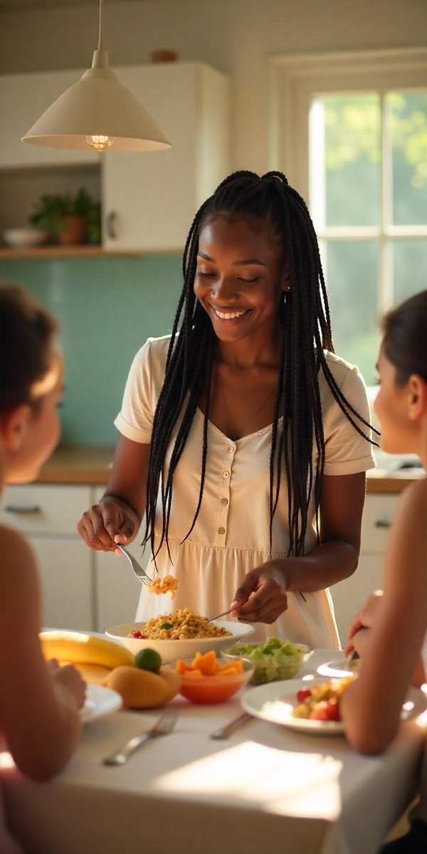 kechmatil's tweet photo. Just created this heartwarming scene using AI image generation:
"A Black African woman serving dinner to her loving family at the dining table."
The power of detailed prompts brings cultural stories to life! 🖼️✨

#ALX_AiSK @alx_africa https://t.co/F1y5Ek3e04