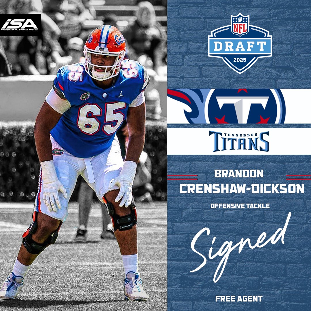 ISA Sports & Entertainment (@isa_management) on Twitter photo OT Brandon Crenshaw-Dickson <a href="/Brandon_CD56/">Brandon Crenshaw-Dickson</a> is heading to Nashville! <a href="/Titans/">Tennessee Titans</a> #Signed #NFLDraft2025 #Titanup #ISAFamily
Agent: <a href="/AgentBardia/">Bardia Ghahremani</a> OT Brandon Crenshaw-Dickson <a href="/Brandon_CD56/">Brandon Crenshaw-Dickson</a> is heading to Nashville! <a href="/Titans/">Tennessee Titans</a> #Signed #NFLDraft2025 #Titanup #ISAFamily
Agent: <a href="/AgentBardia/">Bardia Ghahremani</a>