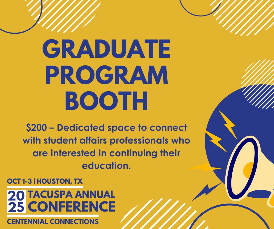 Looking to recruit future student affairs professionals? Reserve a Graduate Program Booth for just $200 and connect with rising leaders in higher ed.
Details here: tacuspa.net/sponsorship