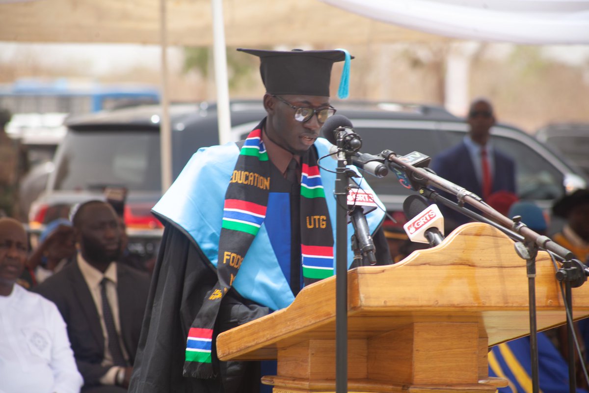 UniOfGambia's tweet photo. Foday M. Sillah, UTG’s 2025 Valedictorian, delivered an inspiring speech on resilience, hope, and a bright future. His words will be remembered as one of the standout moments of Convocation 2025
#UTGConvocation2025 #UTGLegacy25 #FromUTGToTheWorld #CelebratingBrilliance https://t.co/9YOPxlbMtc