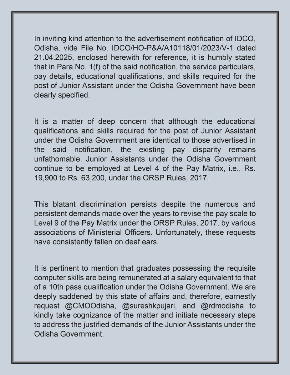 SamarendraKMah1's tweet photo. No action on demands for Level 9. Graduates treated like 10th pass! Urging authorities to end this injustice.
@MohanMOdisha
@CMO_Odisha 
@sureshkpujari 
@rdmodisha 
@SecyChief @kanak_news 
#4200_GP_for_JRA 
#Level_9_for_JRA 
#Justice_for_JRA
#Graduation_ଯୋଗ୍ୟତା_Matric_ଦରମା https://t.co/9OMtAILYcr