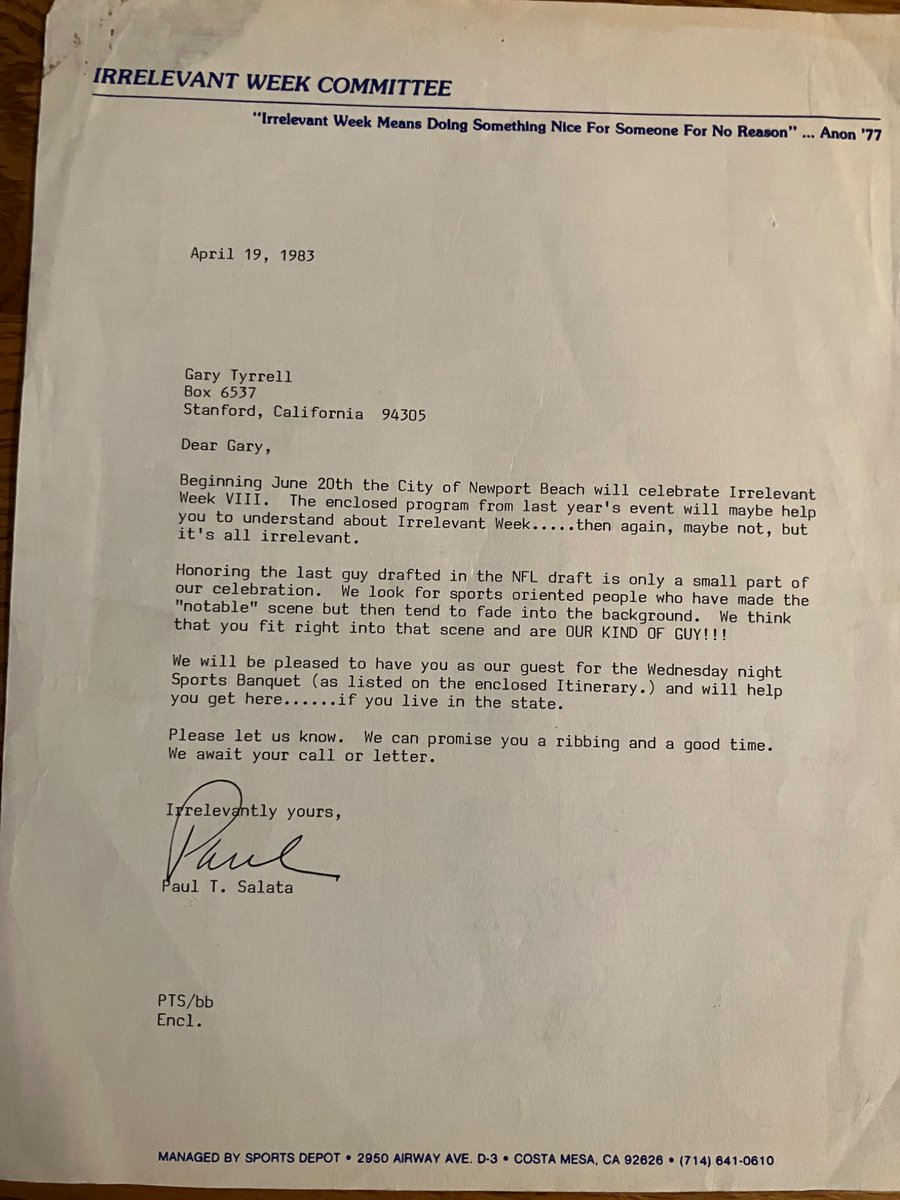 GaryTyrrell's tweet image. A letter that changed my life, in many fun & cherished ways: my invitation to Irrelevant Week VIII, from the great & honorable Paul Salata. Aptly, Mr. Irrelevant VIII was Cal’s John Tuggle.